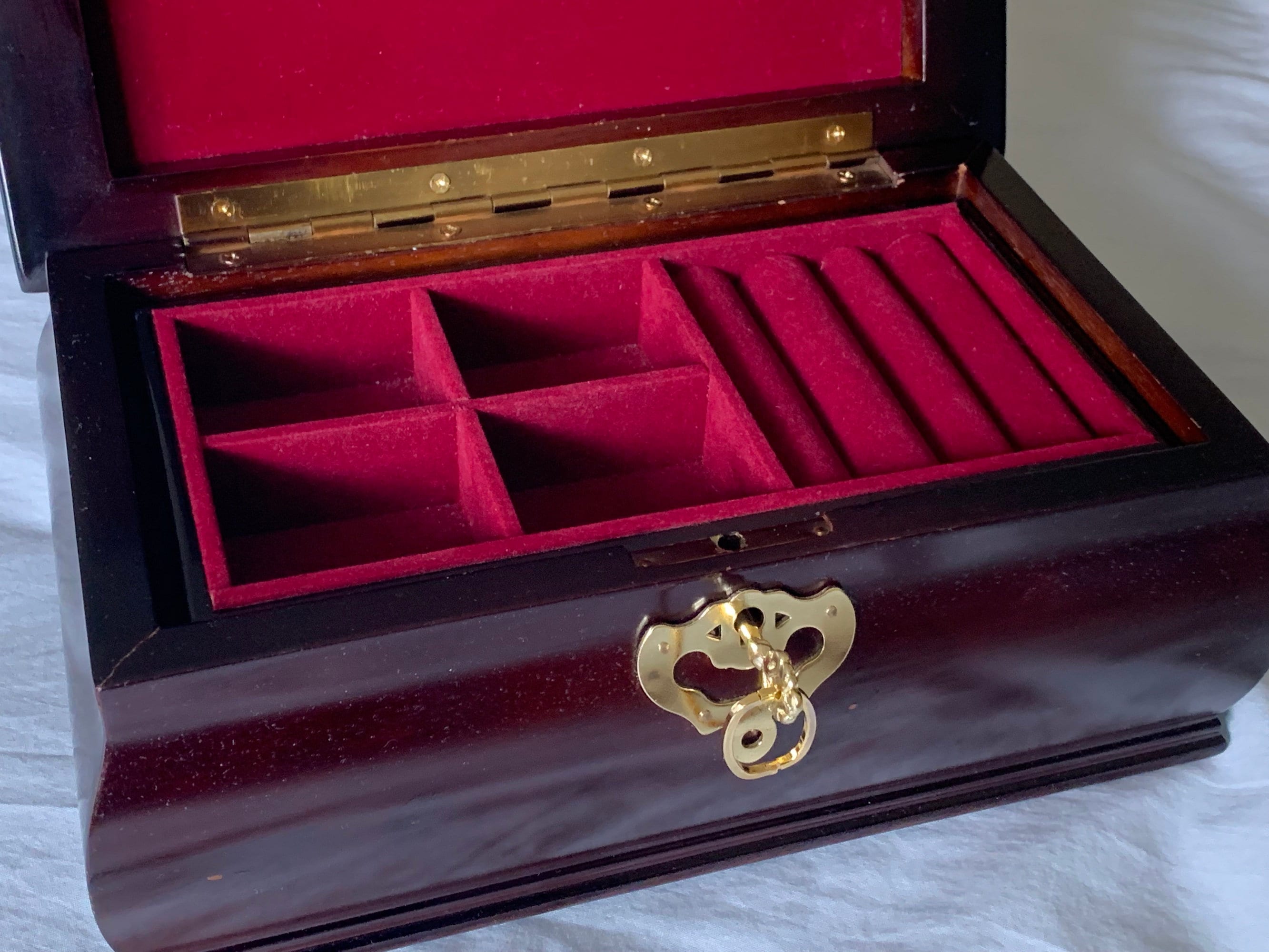 Vintage Solid Wood Fancy Jewelry Box, Key Lock, Movable Tray, Brass