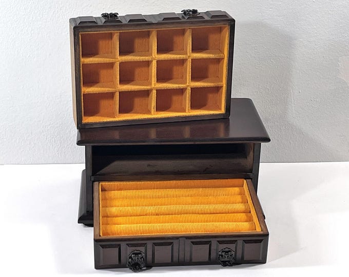 Vintage 1980's Carved Hard Maple Wood Jewelry Box, Espresso Finish, 2 Drawers, One for Rings, 8.5" W. 5" L. Restored, Free US Shipping