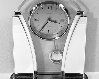 Linden® Rare Contemporary Quartz Pendulum Clock, Tempered Glass, Mirrors, Marble Base, 9" t. 7" W. Serviced. Free US Shipping