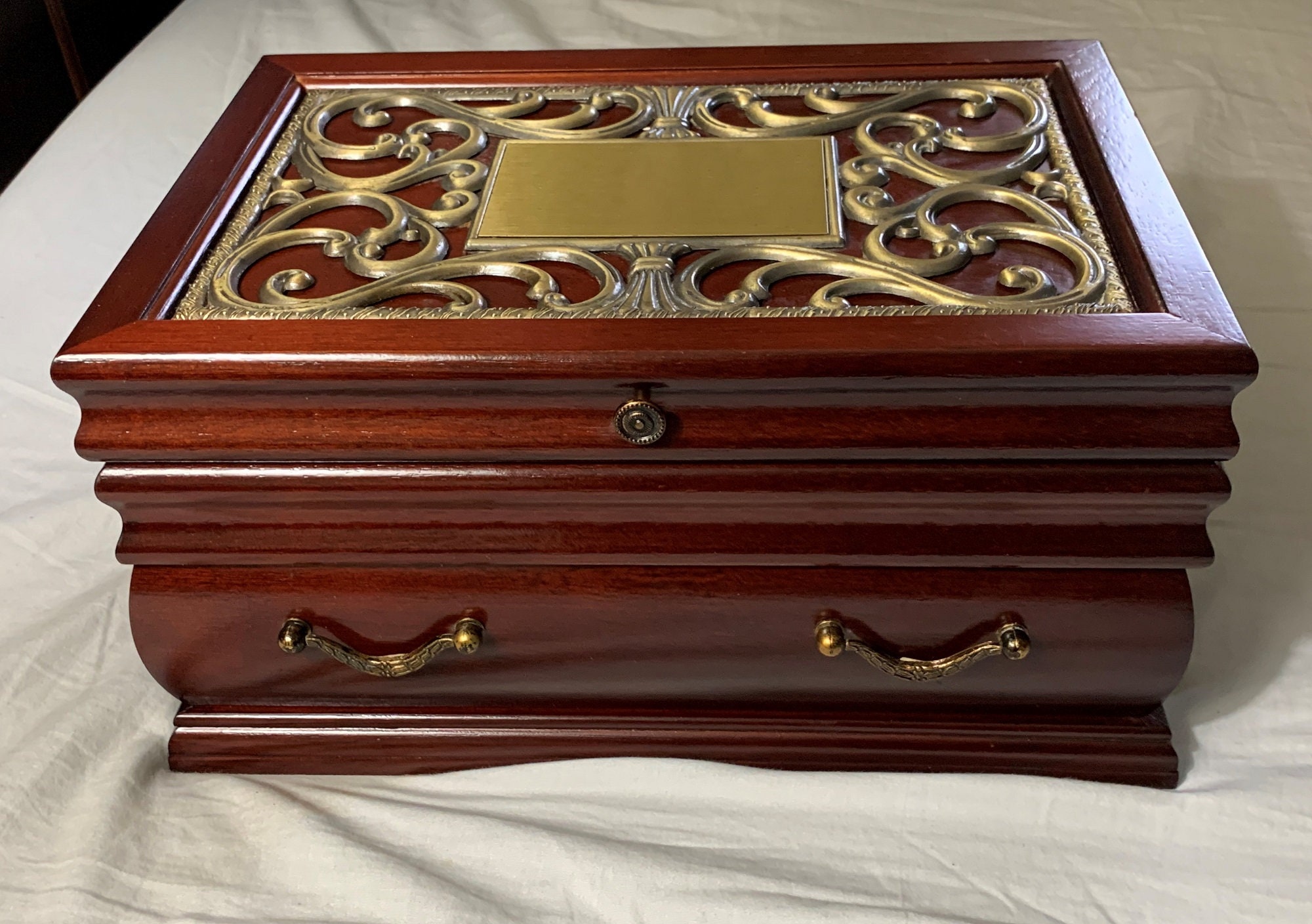 Vintage Exotic Fancy Fine Wood Jewelry Box, Metal Pattern on Hinged Lid