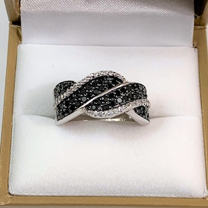 Sterling Silver & Rhodium Statement Ring, Black and White Round Brilliant CZ, Pave Hand Set , Size 8 US. Free US Shipping.