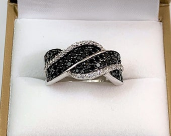 Sterling Silver & Rhodium Statement Ring, Black and White Round Brilliant CZ, Pave Hand Set , Size 8 US. Free US Shipping.