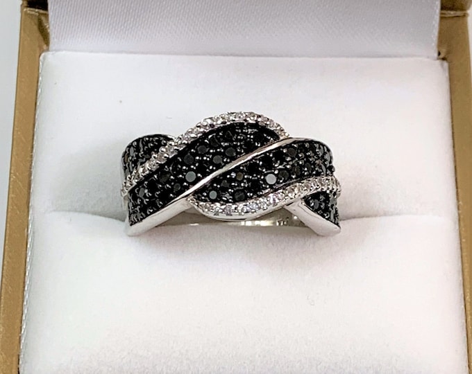 Sterling Silver & Rhodium Statement Ring, Black and White Round Brilliant CZ, Pave Hand Set , Size 8 US. Free US Shipping.