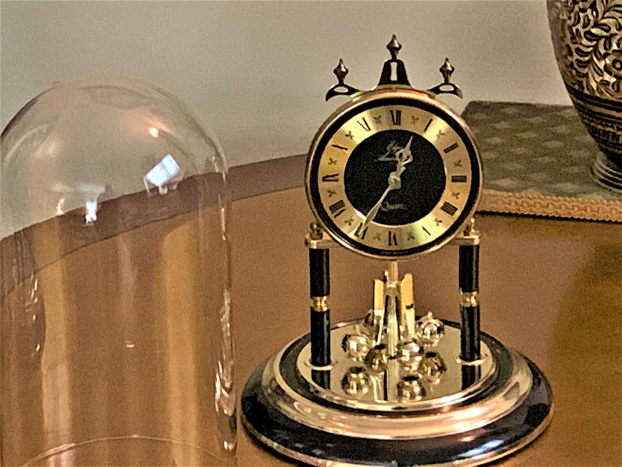 Elgin Anniversary Clock, Glass Dome, Revolving Pendulum, Black Enamel