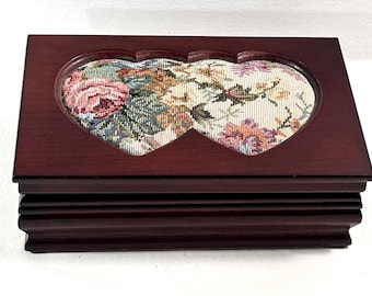 Vintage Carved Wood Jewelry Box, Twin Heart Floral Canvas Top, Rings Section, Large Mirror. 9" W. 5.5" L. Restored, Free US Shipping