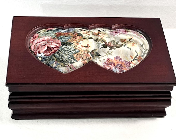 Vintage Carved Wood Jewelry Box, Twin Heart Floral Canvas Top, Rings Section, Large Mirror. 9" W. 5.5" L. Restored, Free US Shipping