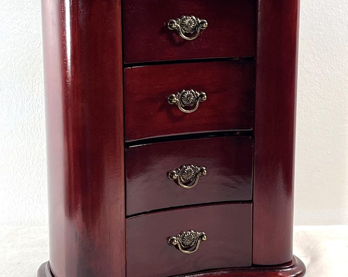 VTG Mele® Carved Wood Musical Jewelry Armoire, "Fur Elise", Lid W/Mirror, Side Doors W/Hangers, 3 Drawers, 9" W. 11" T.  Free US Shipping.