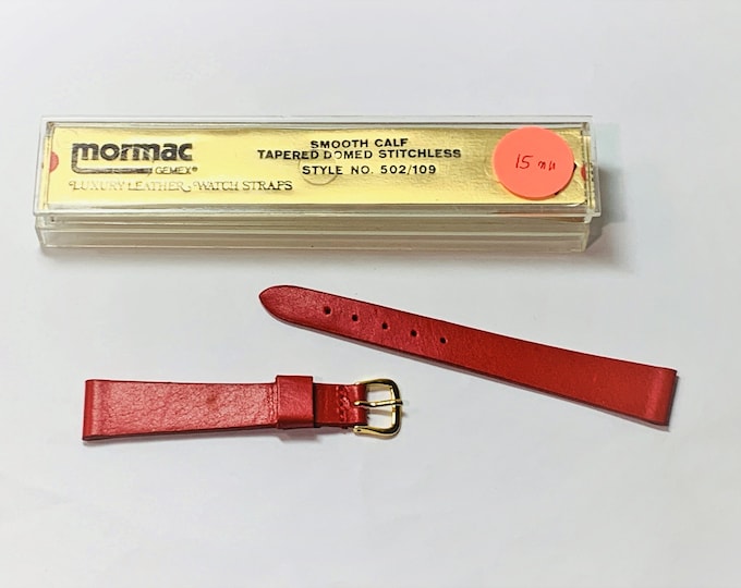 Vintage Mormac Swiss Made Luxury Leather Watch Band, Smooth Calf, Tapered Domed Stitchless, 15mm Lugs, Ruby Red, New Old Stock,