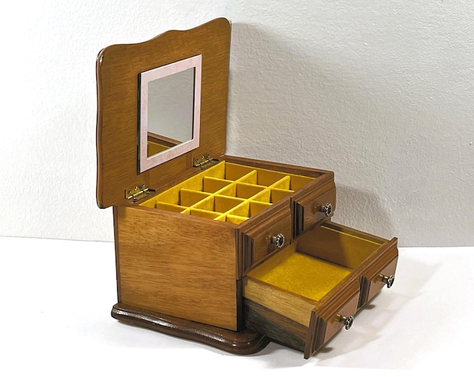 Vintage Carved Wood Jewelry Box, Hinged Top W/ Mirror, 12 Compartments & Drawer, 7.5" W. 5" L. 4" H, Restored. Free US Shipping