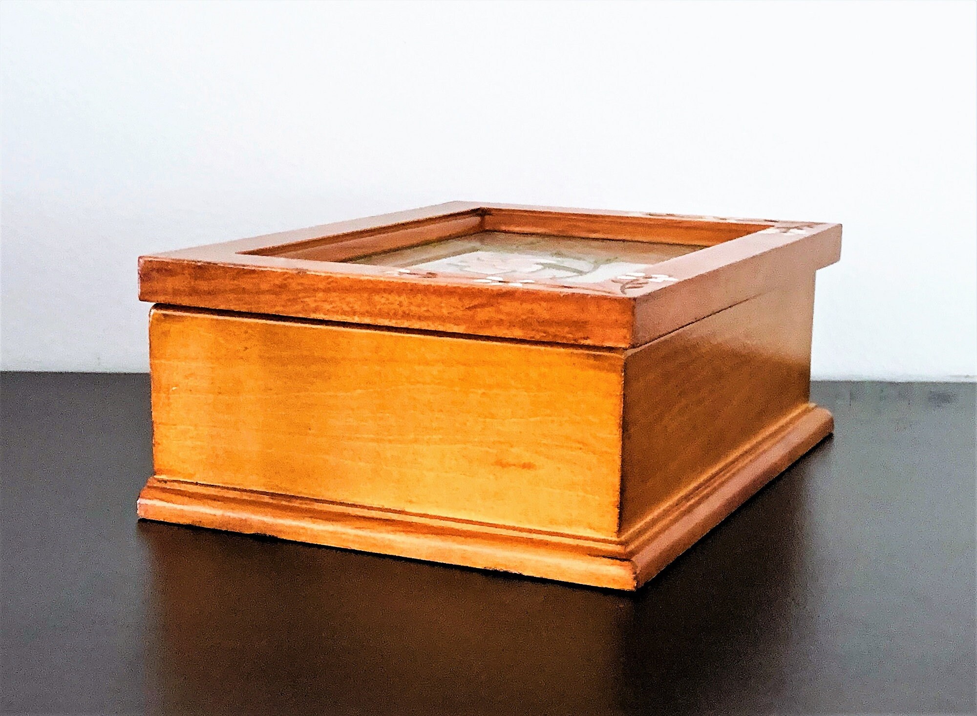 Golden Oak Jewelry Box, Hinged Lid W/ Stained Glass Window, Carved