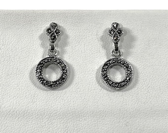 Vintage Sterling Silver & Marcasite Dangle Earrings, 1.25" L. 11mm Circles, Posts. 3.10 Grams. Mint Condition. Free US Shipping.