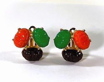 Vintage Tara® Egyptian Scarabs Earrings, Gold Tone, Clip On, Six 14X10mm Gem Colors Lucite Scarabs, Refinished. Free US Shipping.