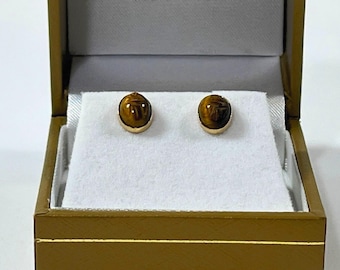 Vintage 14K Solid Yellow Gold Gemstone Scarab Studs, Carved Tiger's Eye Gems 8X6mm, Full Bezel Setting, Large Backs. Free US Shipping