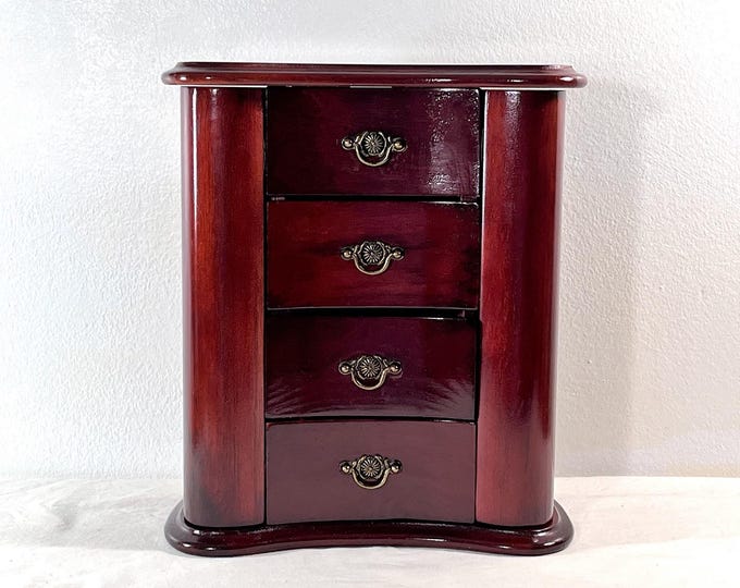 Vintage Mele Carved Wood Musical Jewelry Armoire: Fur Elise Tune, Mahogany Finish