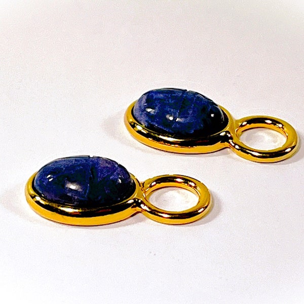 Natural Blue Sodalite Scarabs Earring Charms, 14X10mm Gemstones, Bezel Set, 18K Gold Clad. 1" Long, Large 10mm Loop. Mint. Free US Shipping.