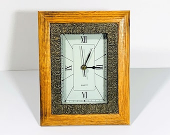 American Walnut Custom Mantel Clock, Ornate Bronze Inner Frame, Precision Quartz, 7.5" T. 6" W. Large Dial. Restored. Free US Shipping.