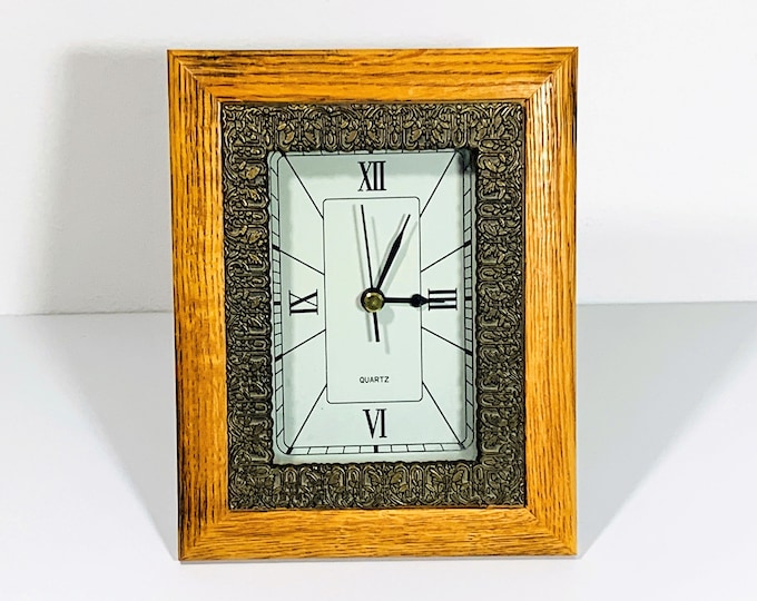 American Walnut Custom Mantel Clock, Ornate Bronze Inner Frame, Precision Quartz, 7.5" T. 6" W. Large Dial. Restored. Free US Shipping.