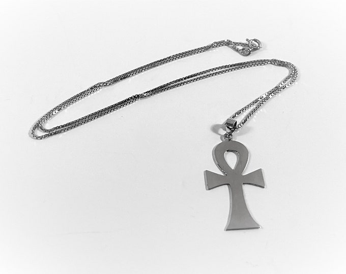 Sterling Silver Egyptian Ankh Necklace, Eternal Life Symbol, Hi Polish Mirror Finish, 2" L. 1" W. 23" Sterling Box Chain. Free US Shipping.