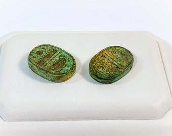 Two Vintage Ancient Egyptian Faience Personalizes Royal Seal Amulet, Fayum, Giza, Lower Egypt, 22 X 15.5 - 16 mm. Free US Shipping