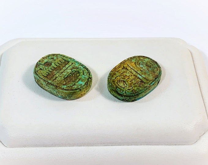 Two Vintage Ancient Egyptian Faience Personalizes Royal Seal Amulet, Fayum, Giza, Lower Egypt, 22 X 15.5 - 16 mm. Free US Shipping
