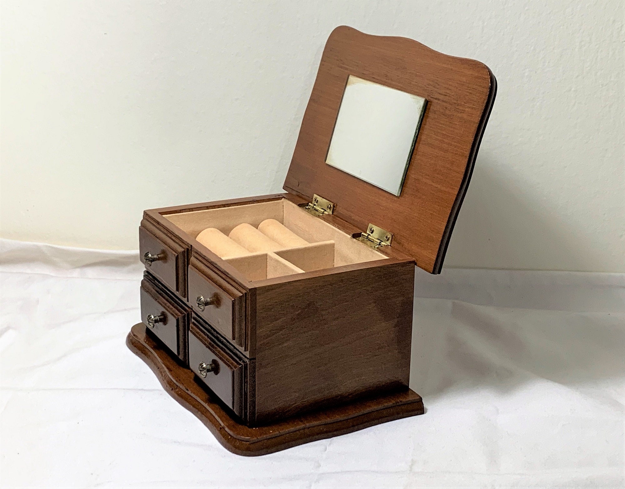 Vintage Solid Wood Small Jewelry Hinged Top with Mirror