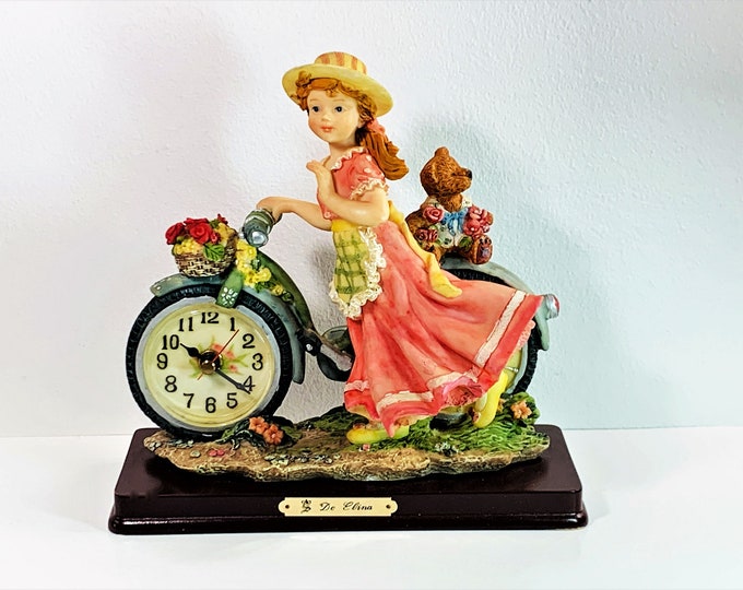 De Elina Figurine Clock, Girl & Her Bike, Colorful Beautiful with Amazing Details, Works Perfect, Restored, 9" T. 9" W. Free US Shipping
