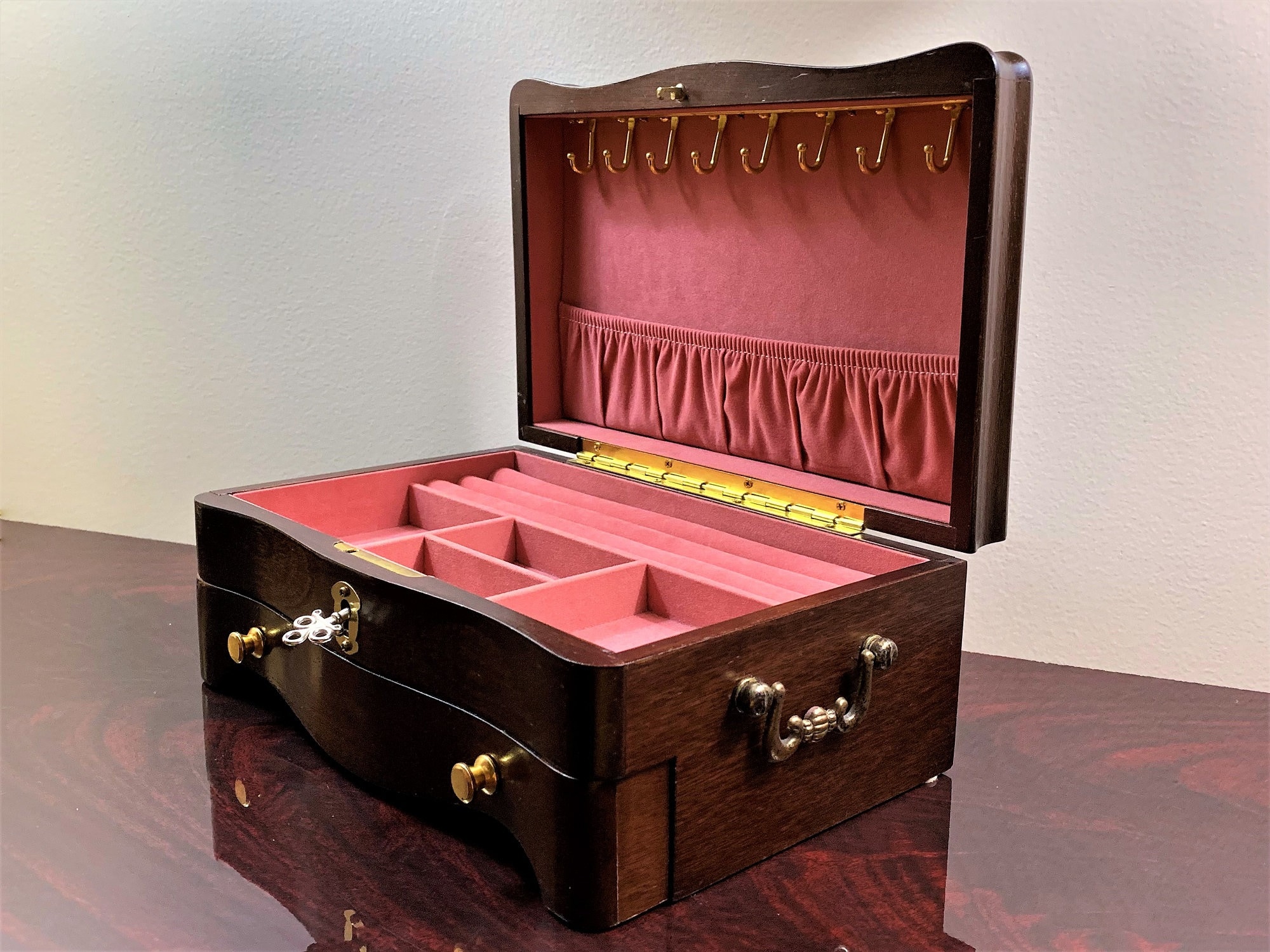 Vintage Solid Wood Jewelry Box,Hand Crafted, Padded Compartments