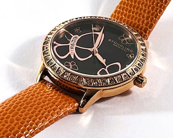 Stuhrling Swiss Quartz Watch: Butterfly Dial, Rose Gold & Leather