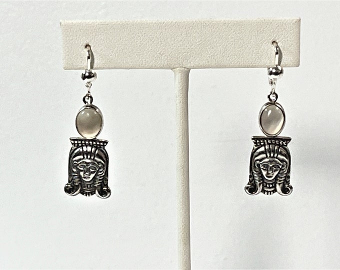 Vintage Sterling Silver Dangle Earrings, Egyptian Goddess Isis, Moonstone, Lever Backs, 1.75" L. 14mm Wide, 6.30 Grams. Free US Shipping.