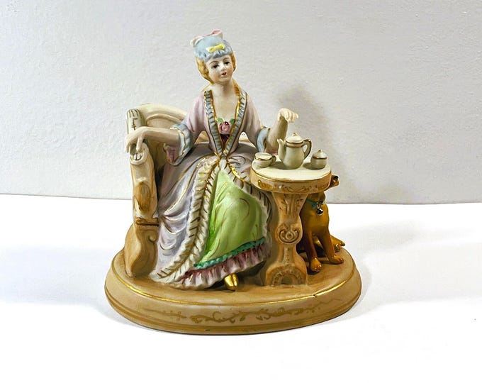 Vintage Okada China™ Japan Victorian Figurine. "Tea Time", Lady & Her Dog. Signed. 6" T. 5.5" W. Free US Shipping.