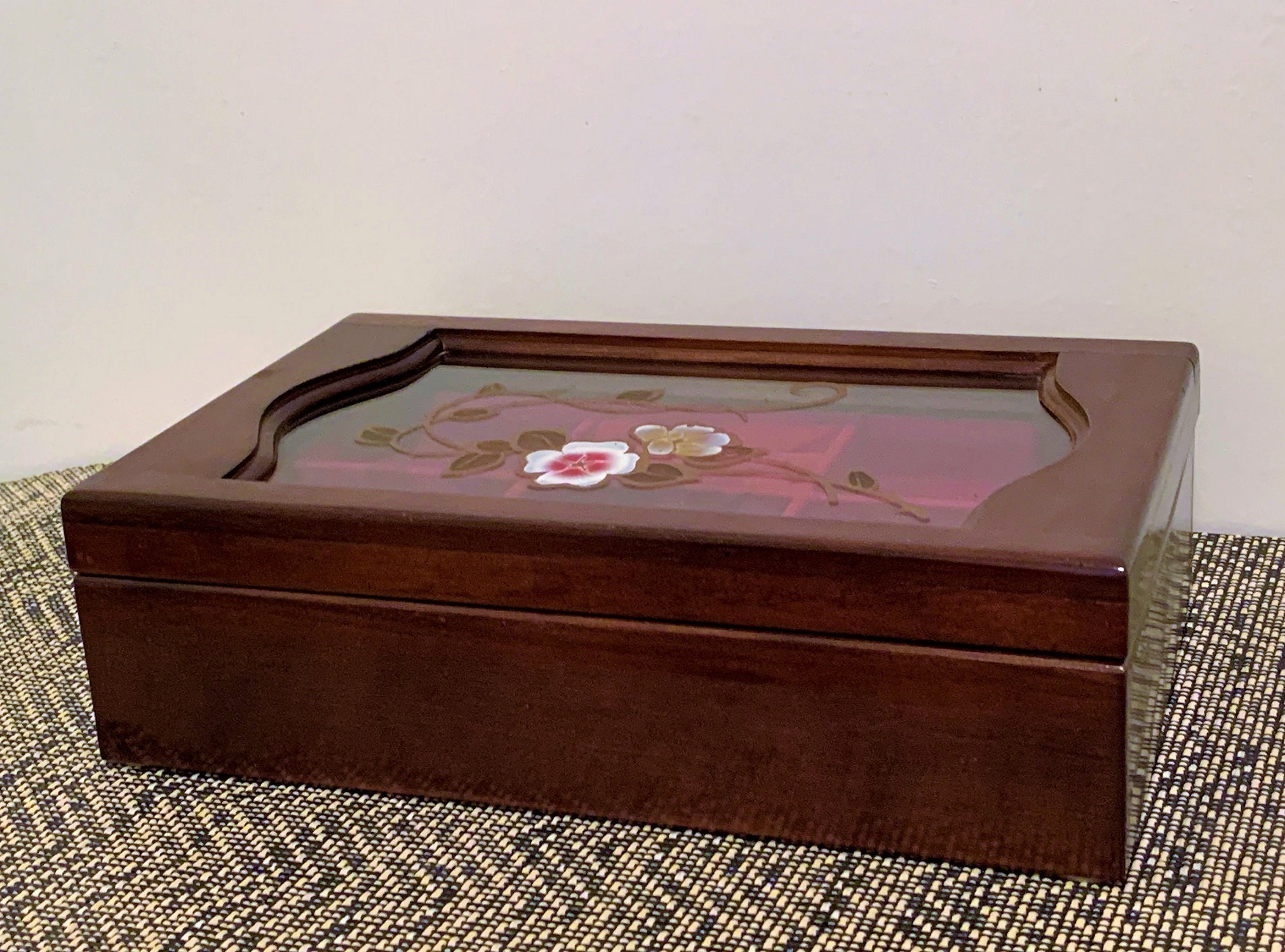 Vintage Solid Wood Jewelry Box Storage, Stained Glass Top, Removable