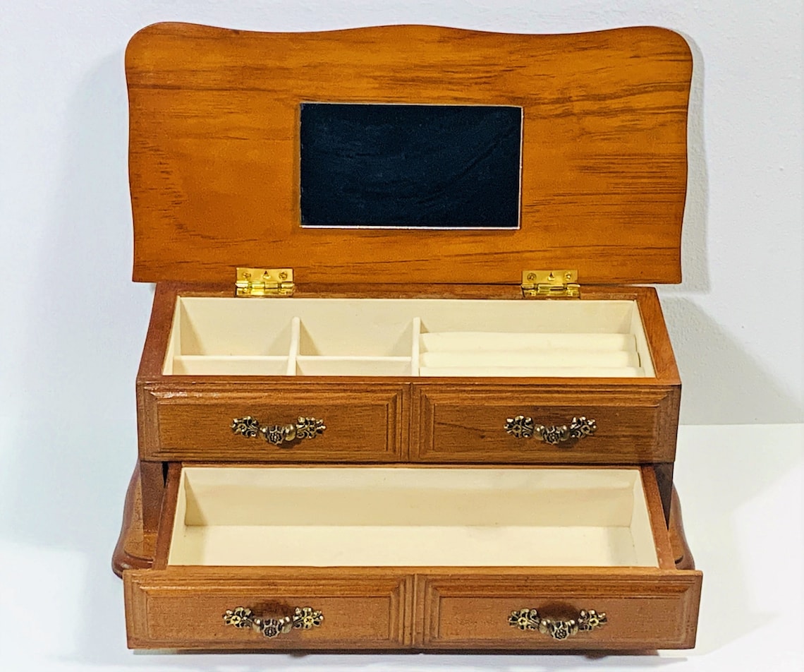 Vintage Golden Oak Jewelry Box Hinged Top W/ Mirror Padded Etsy