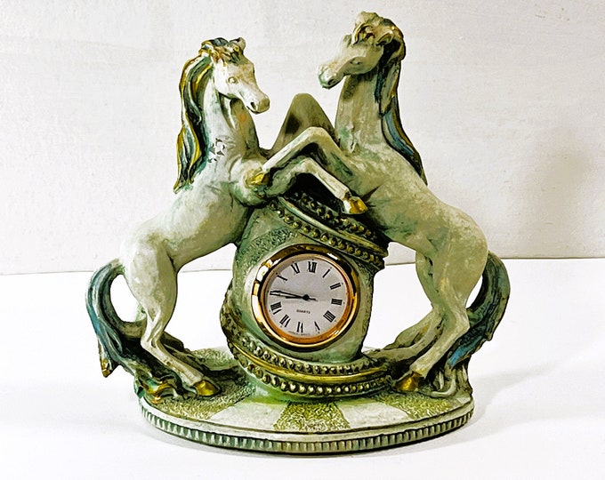 Vintage Roman Twin Horse Sculpture W/New Quartz Clock Insert, Circa 1940's. Italy. Bisque Porcelain, Restored. 6" W. 6" T. Free US Shipping.