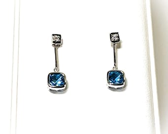 14K White Gold Swiss Blue Topaz & Small Diamonds Dangle Earrings. 6mm Cushion Cut Gems 2.20 Carats, 7/8" Long, 2.00 Grams. Free US Shipping