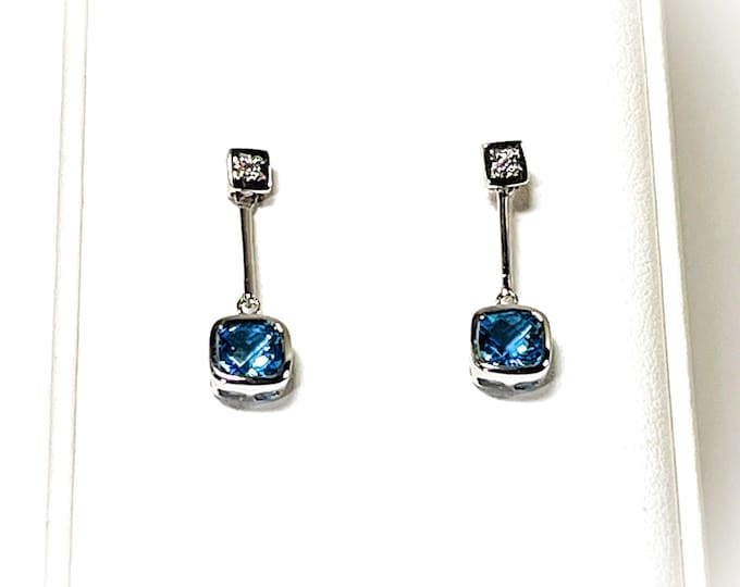 14K White Gold Swiss Blue Topaz & Small Diamonds Dangle Earrings. 6mm Cushion Cut Gems 2.20 Carats, 7/8" Long, 2.00 Grams. Free US Shipping