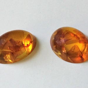 May include: Two oval-shaped amber stones with inclusions of insects. The stones are a light orange color and have a smooth, polished surface.