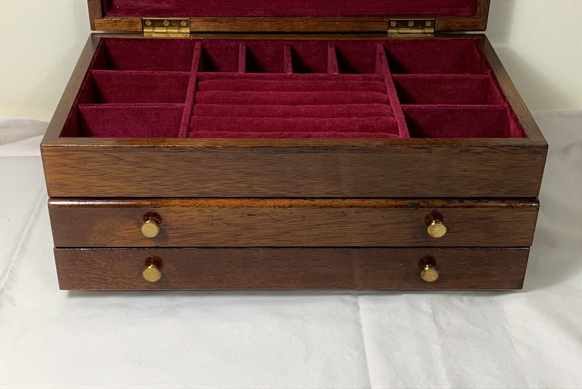 Vintage Varnished Wood Large Jewelry Box, Hinged Lid with Mirror, Padded Sections and 2 Large