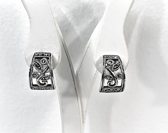 Vintage Sterling Silver Marcasite Drop Earrings. Victorian Style, 5/8" - 16mm Drop, 11mm Wide. Posts. Polished & Cleaned, Free US Shipping.