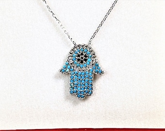 Vintage Sterling Silver Platinum, Blue Sapphire & Faceted CZ Hamsa Necklace, Signed N 925 TK, 18X15mm. 17" Chain, Free US Shipping. Nice.