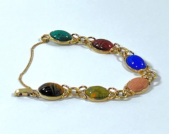 Vintage Krementz™ Gold Filled Scarab Bracelet, 6 Carved Gemstones Scarabs 16X12mm. Tiger's Eye, Unakite Etc. 7.5" L.Free US Shipping