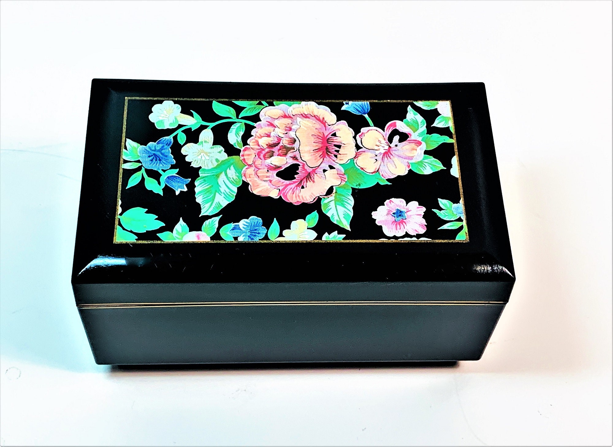 Otagiri Japan Floral Music Box, Plays Love Story, Black Gloss, Colorful