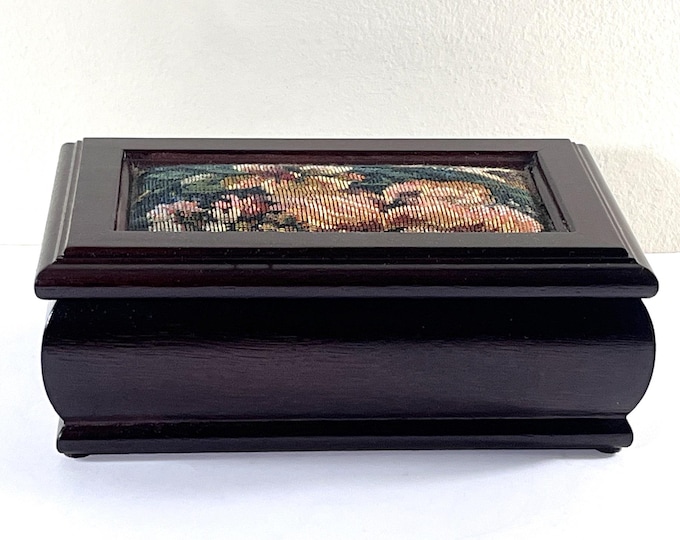 Vintage Mahogany Wood Jewelry Box, Floral Canvas Top, Mirror, Movable Tray, Rings Section, 8.5" W. 5.5" L. Restored. Free US Shipping.