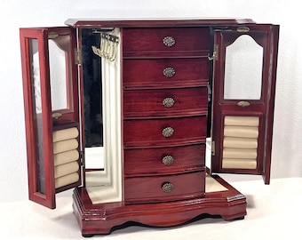 Vintage Carved Wood Jewelry Armoire, 2 Side Doors W/ Ring Trays Attached & Hook Hangers, 6 Drawers, 13" T, 10" W. Restored. Free US Shipping