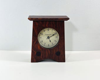 Schlabaugh & Sons™ USA  Wood Arts and Crafts Clock with Craftsman Oak Finish, 3" Dial, 6" T, 5" W. Serviced. Free US Shipping.