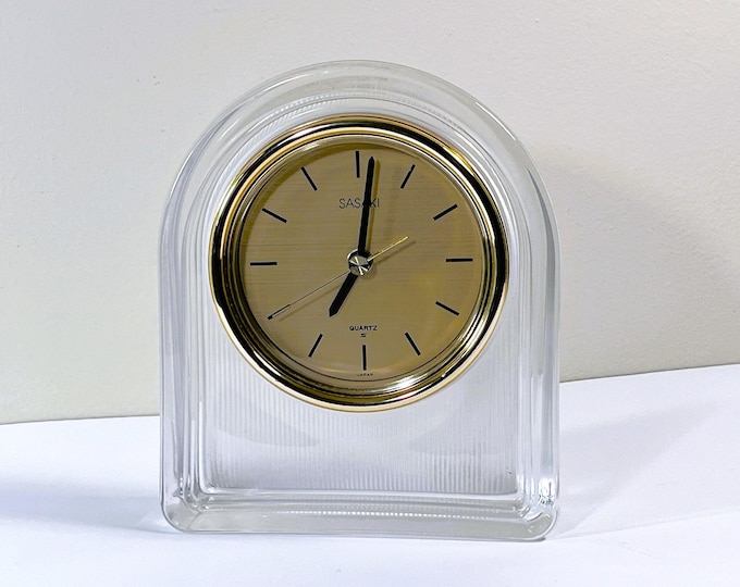 Sasaki™ Japan Large Crystal Clock, Textured 24% Lead Crystal, Large 5" Golden Dial, Precision Quartz, 7.5" T. 6.5" W. Works,Free US Shipping