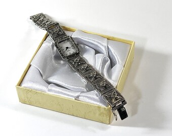Vintage DBJ Sterling Silver & Marcasite Exotic Victorian Watch, 33.1 Grams, 23X19mm Case, 14.5mm Wide Bracelet Band, 7" L.  Free US Shipping