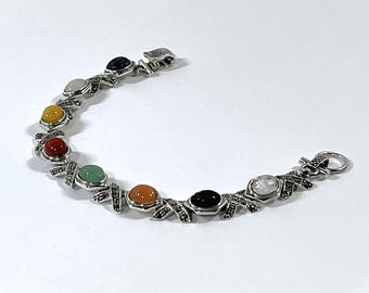 Vintage 1980's Sterling Silver Marcasite Scarab Bracelet. 8 Natural Gemstone Carved Scarabs 9X7mm. 25.90 Grams. Refinished, Free US Shipping
