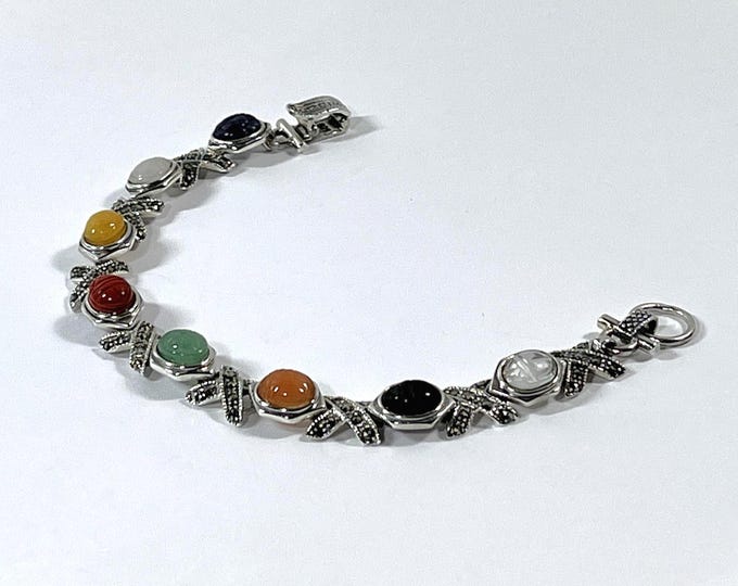 Vintage 1980's Sterling Silver Marcasite Scarab Bracelet. 8 Natural Gemstone Carved Scarabs 9X7mm. 25.90 Grams. Refinished, Free US Shipping