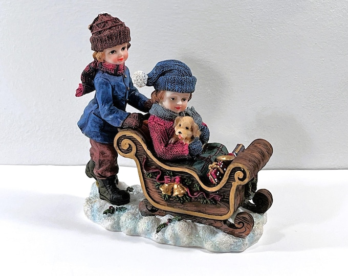 Vintage ©1993 Christmas Snow Sledge, Two Little Girls and a Puppy, Handcrafted & Painted, Stunning Details. 7.5" T. 7" L. Free US Shipping.
