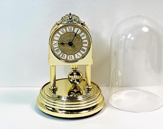 Vintage Mini Quartz Anniversary Clock, Swinging Pendulum, Plexiglass Dome, Gold Tone Finish, Restored. 6.5" T. 4.5" Base. Free US Shipping
